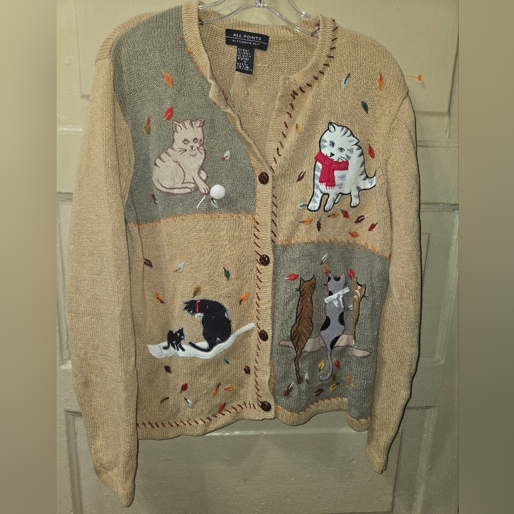 All Points By Reference Point Vintage Cats Yarn Winter Fall Leaves Knit Cardigan